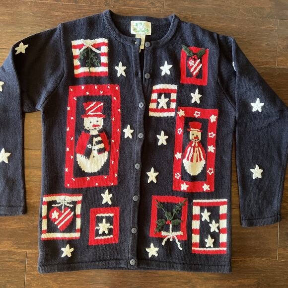 Quacker Factory Sweater Womens S Patriotic Christmas Cardigan Red White Blue VTG - Picture 1 of 8
